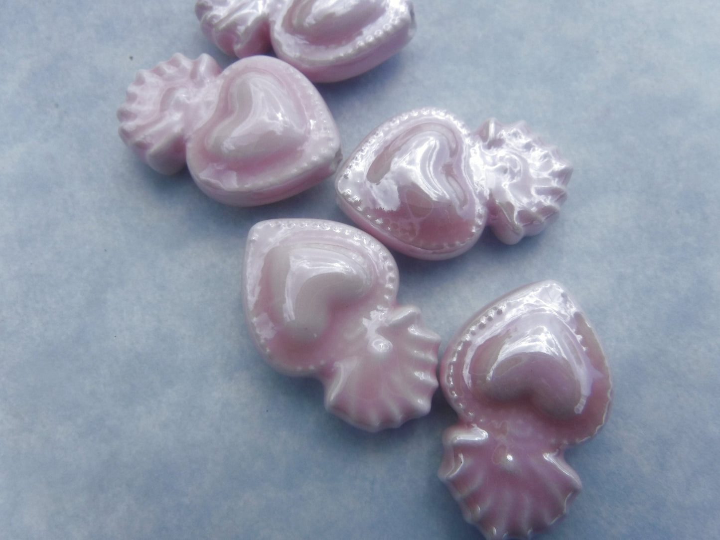 Pink Milagro Heart Beads - Ceramic Mosaic Tiles - Small Sacred Heart Beads - Jewelry Supplies