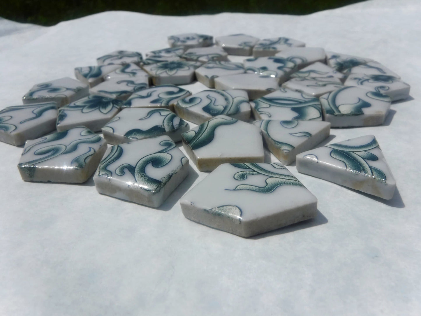 Green and White Flowering Vines - Chunky Mosaic Tiles - Half Pound Porcelain