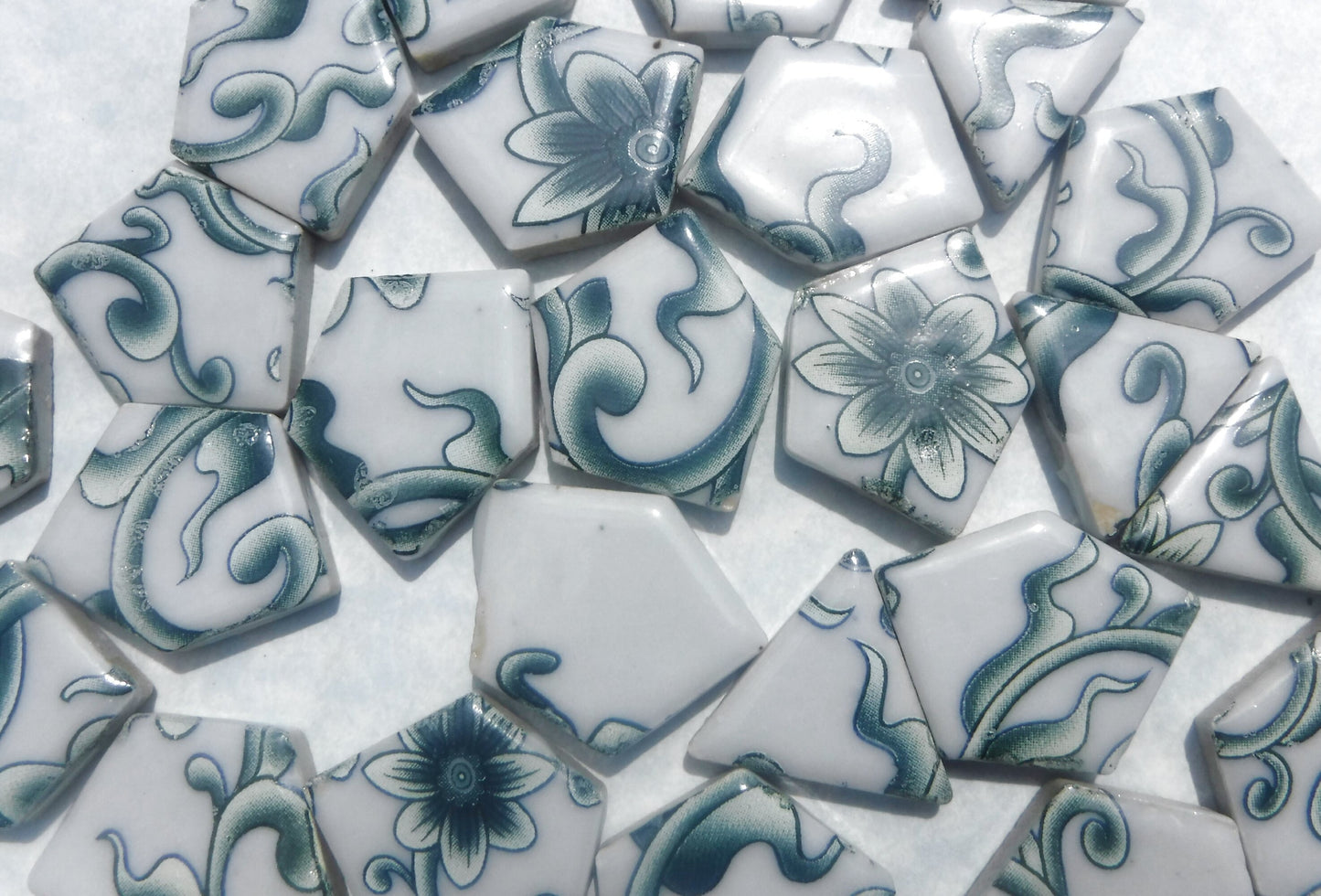 Green and White Flowering Vines - Chunky Mosaic Tiles - Half Pound Porcelain