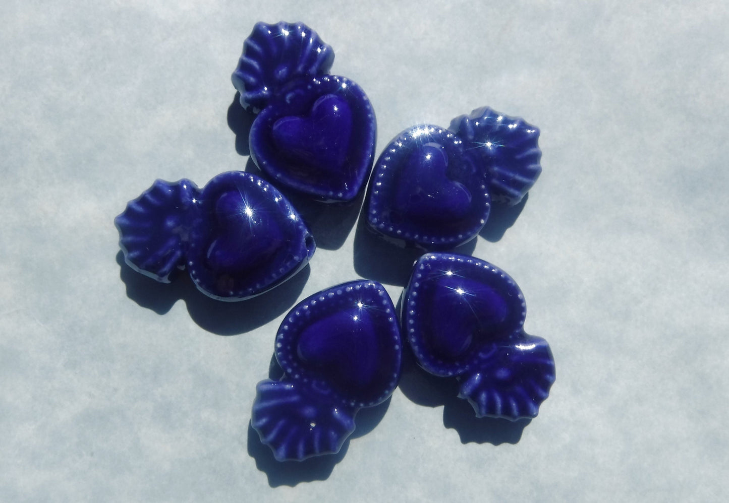 Dark Blue Milagro Heart Beads - Ceramic Mosaic Tiles - Small Sacred Heart Beads - Jewelry Supplies