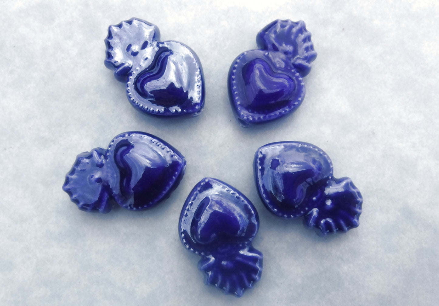 Dark Blue Milagro Heart Beads - Ceramic Mosaic Tiles - Small Sacred Heart Beads - Jewelry Supplies
