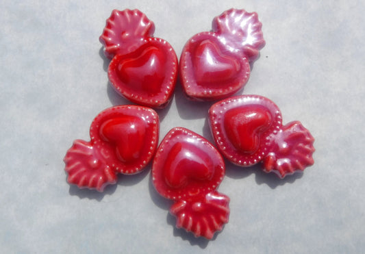 Red Milagro Heart Beads - Ceramic Mosaic Tiles - Small Sacred Heart Beads