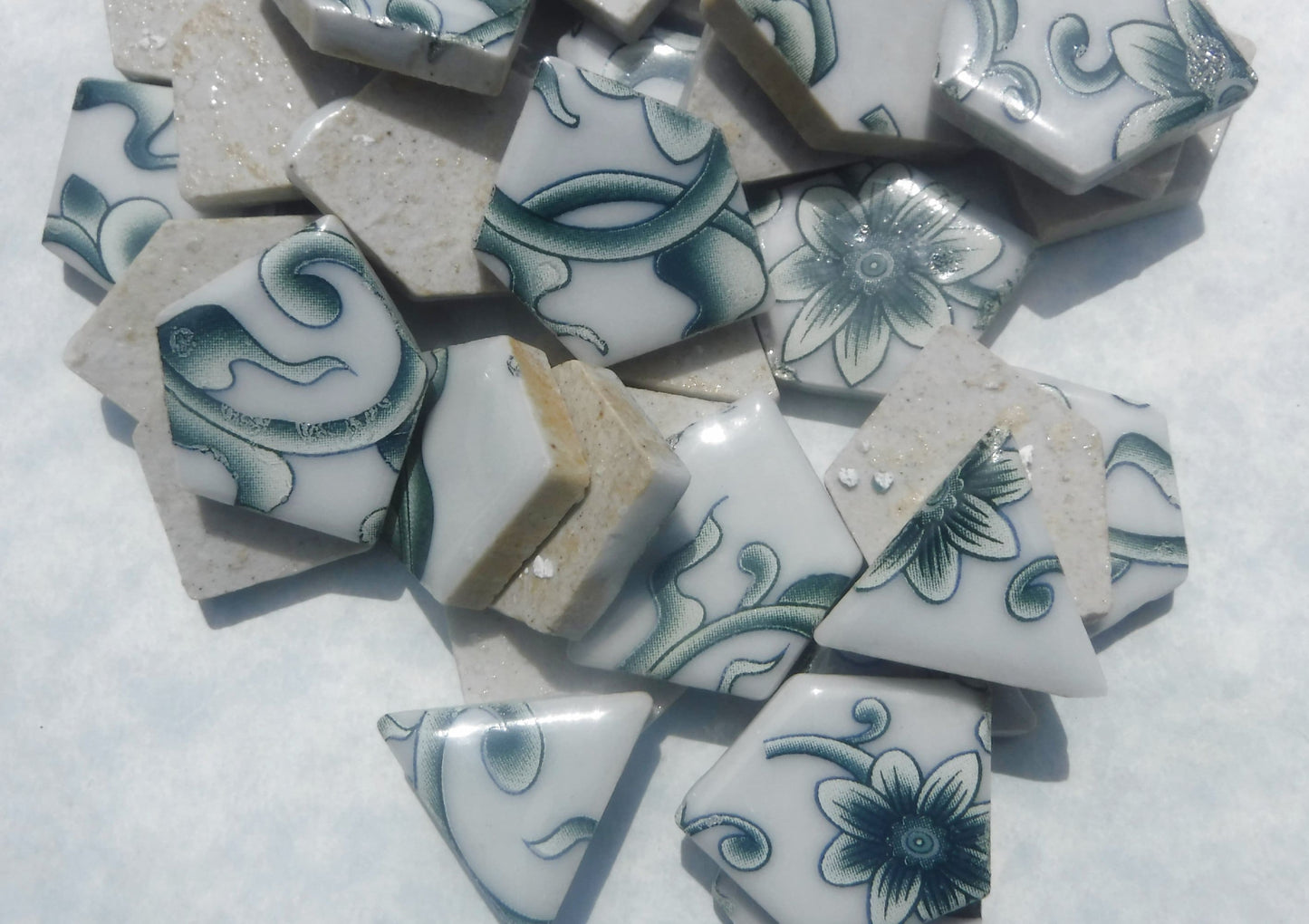 Green and White Flowering Vines - Chunky Mosaic Tiles - Half Pound Porcelain