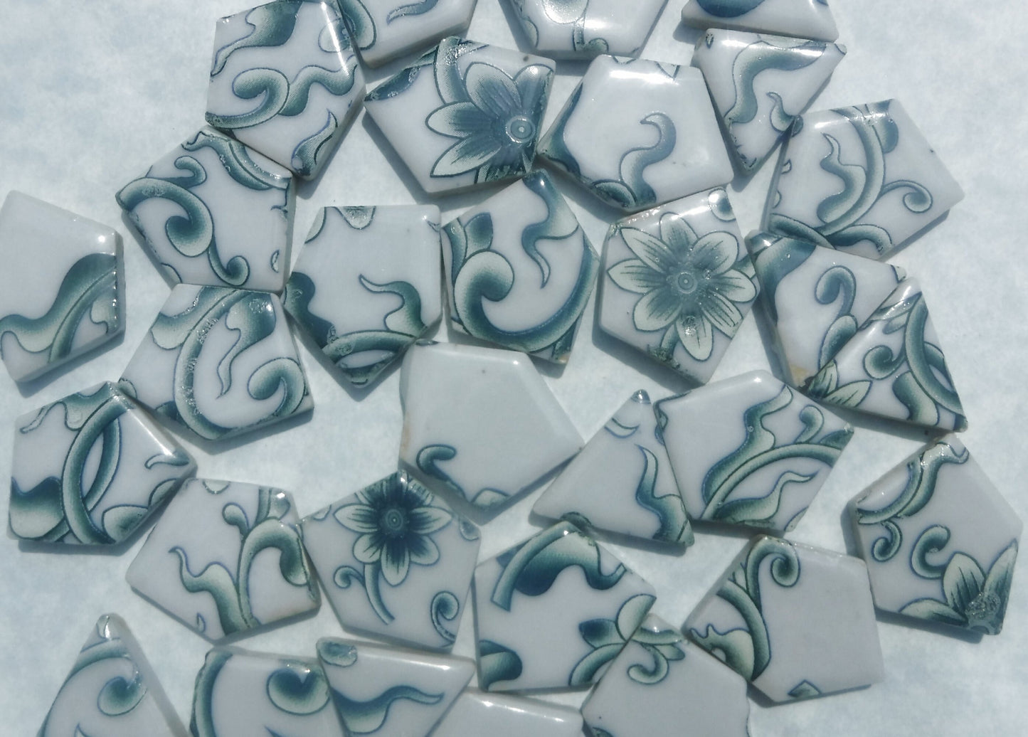 Green and White Flowering Vines - Chunky Mosaic Tiles - Half Pound Porcelain