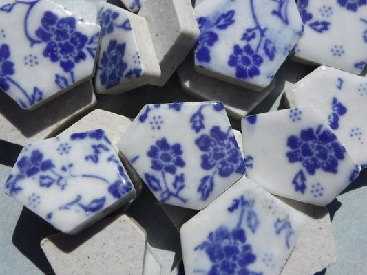 Blue and White Dainty Flowers - Chunky Mosaic Tiles - Half Pound