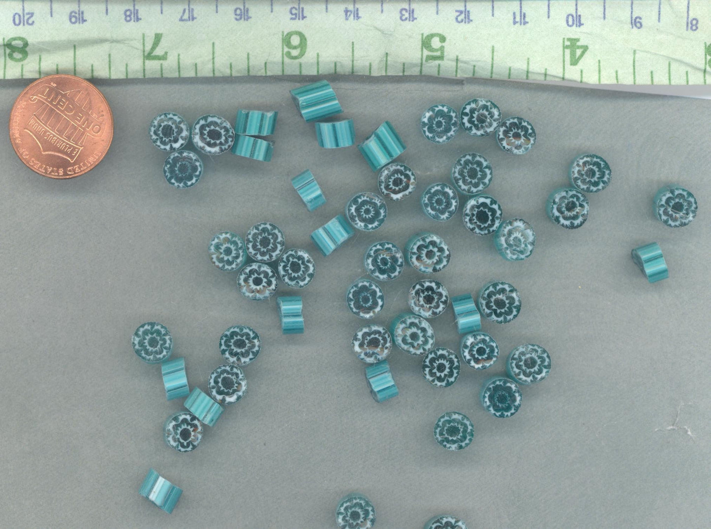 White Flowers in Teal Millefiori - 25 grams - Unique Mosaic Glass Tiles - Floral Pattern