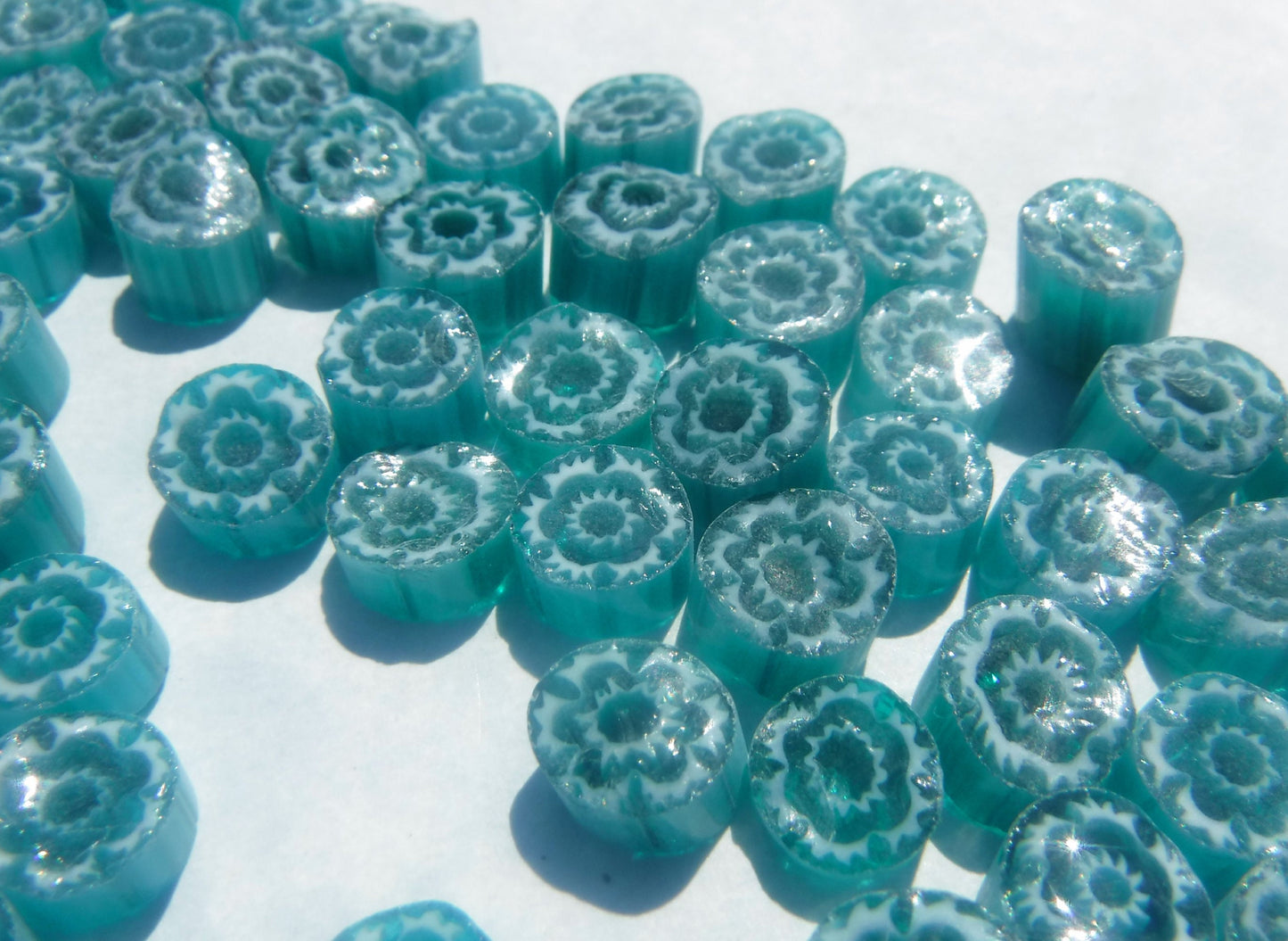 White Flowers in Teal Millefiori - 25 grams - Unique Mosaic Glass Tiles - Floral Pattern