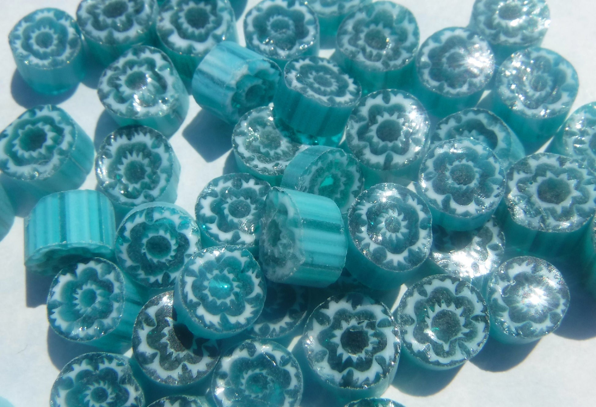 White Flowers in Teal Millefiori - 25 grams - Unique Mosaic Glass Tiles - Floral Pattern