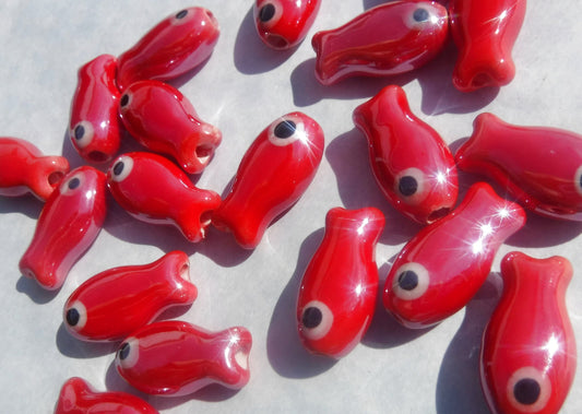 Red Fish Beads - Ceramic Mosaic Tiles - Small Fish Beads - Jewelry Supplies