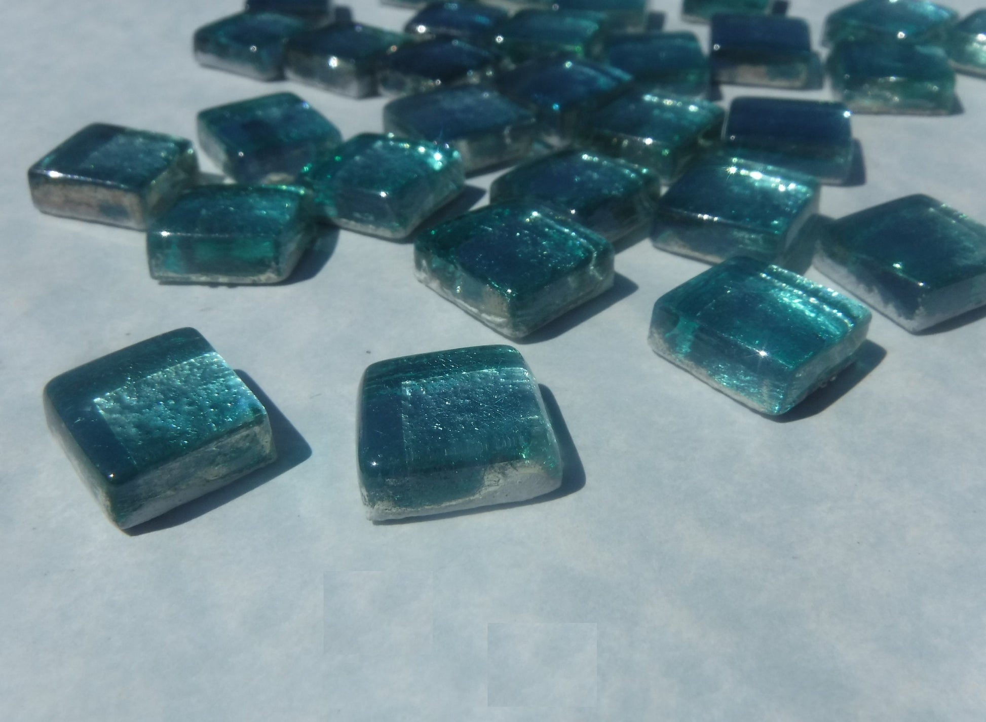 Pale Teal Foil Square Crystal Tiles - 12mm - 50g - Approx 25 Metallic Glass Mosaic Tiles