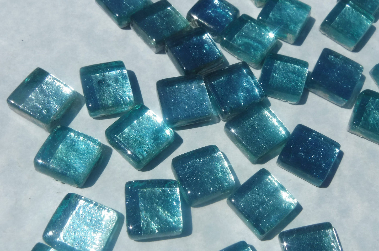 Pale Teal Foil Square Crystal Tiles - 12mm - 50g - Approx 25 Metallic Glass Mosaic Tiles