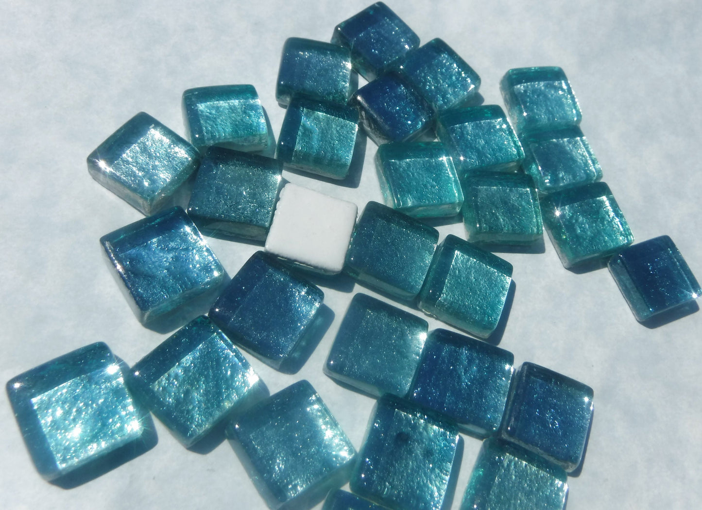 Pale Teal Foil Square Crystal Tiles - 12mm - 50g - Approx 25 Metallic Glass Mosaic Tiles