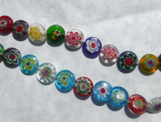 Millefiori Glass Beads - Flat Round Assorted Colors in Mix of Opaque and Translucent - 12mm Use in Mosaics - Approx 30 beads