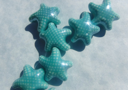 Aqua Starfish Beads - Ceramic Mosaic Tiles - 10 Puffy Beads - Sea Stars in Light Teal