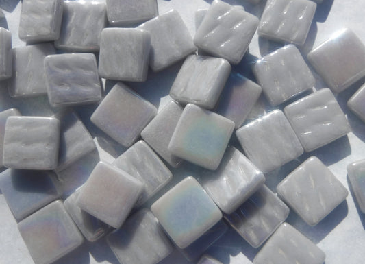 Pale Gray Iridescent Glass Square Mosaic Tiles - 12mm Opaque Glass Solid Color - 50g - Approx 35 Tiles