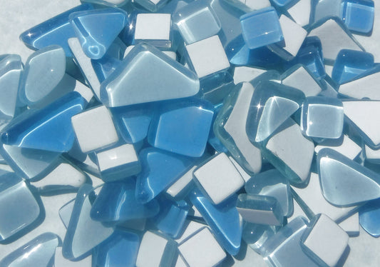 Water Hyacinth Glass Puzzle Tiles - Assorted Shapes - 100 grams Mosaic Tiles Glass in Light and Dark Blues - Approx 30 Tiles