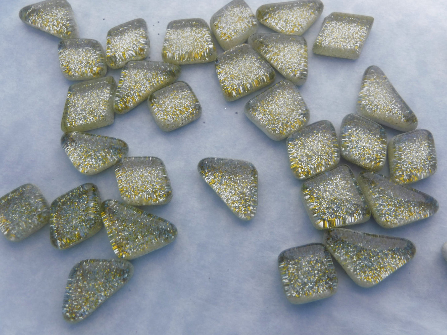 Gold and Silver Glitter Puzzle Tiles - 100 grams in Assorted Shapes Glass Mosaic Tiles - Cafe Au Lait