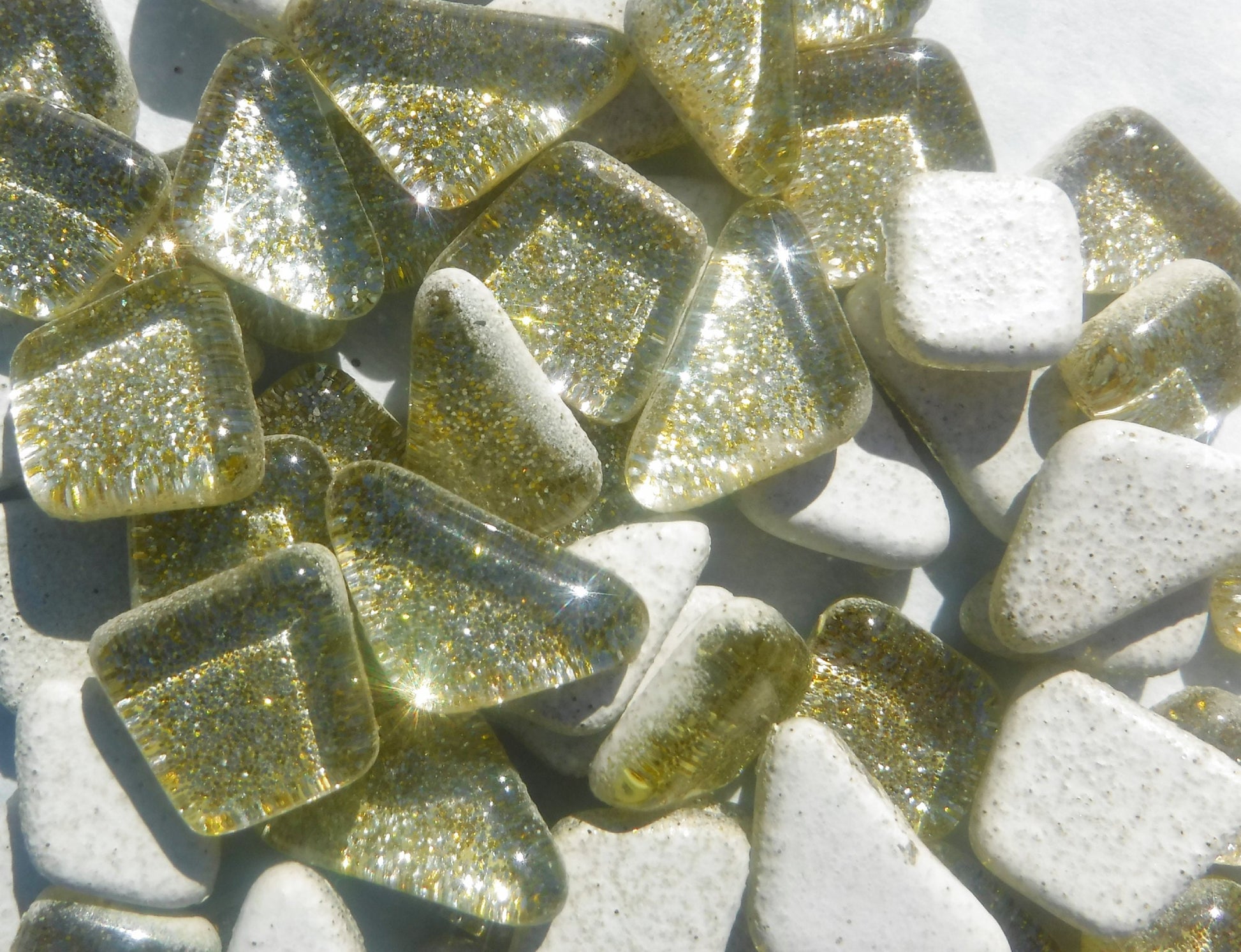 Gold and Silver Glitter Puzzle Tiles - 100 grams in Assorted Shapes Glass Mosaic Tiles - Cafe Au Lait