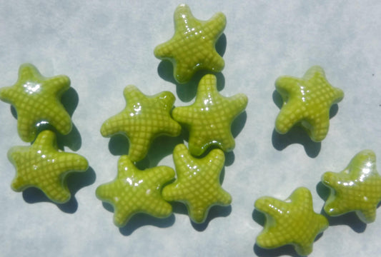 Chartreuse Starfish Beads - Ceramic Mosaic Tiles - 10 Puffy Green Sea Star Beads