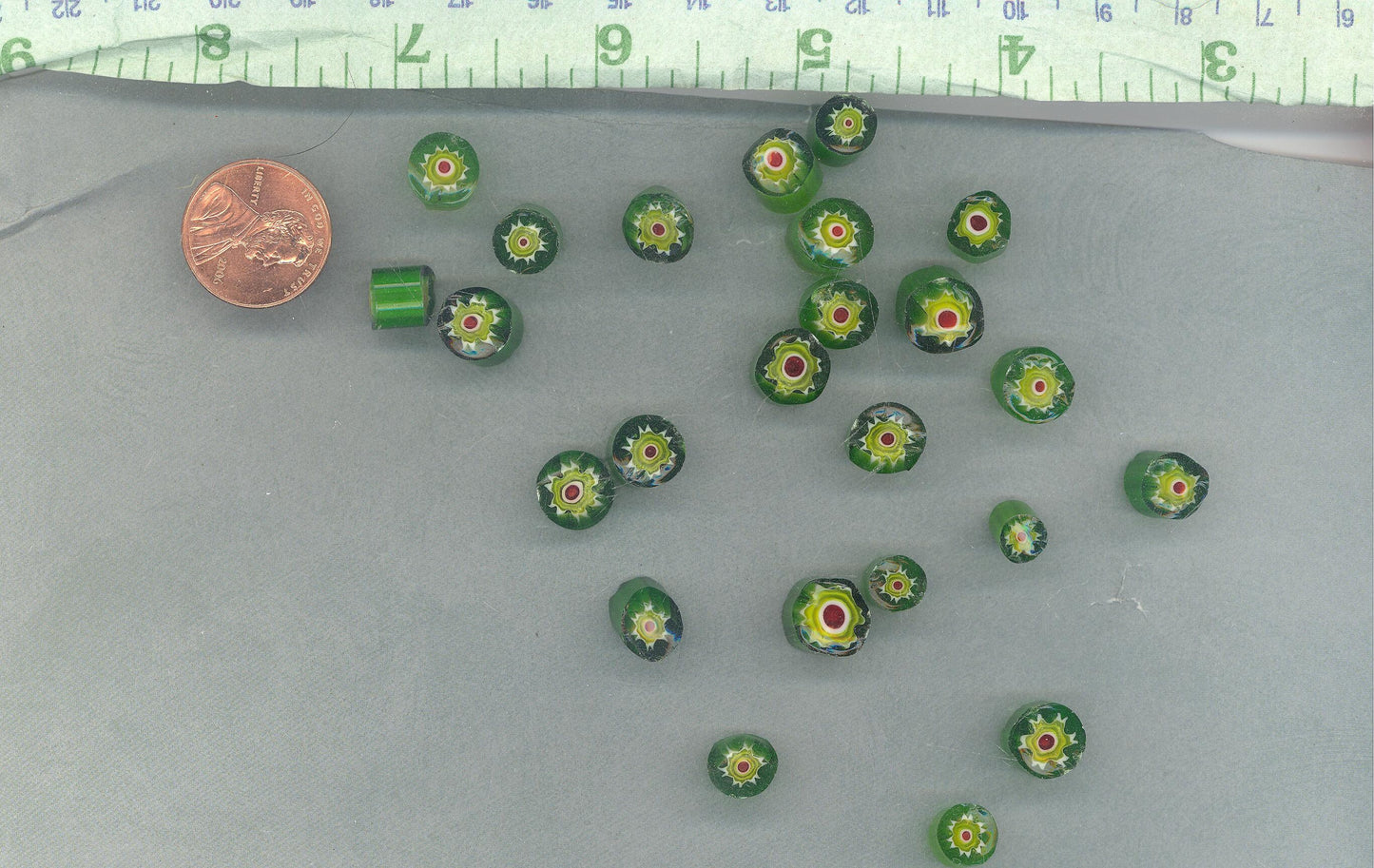 Green and Yellow with Red Millefiori - 25 grams - Unique Mosaic Glass Tiles