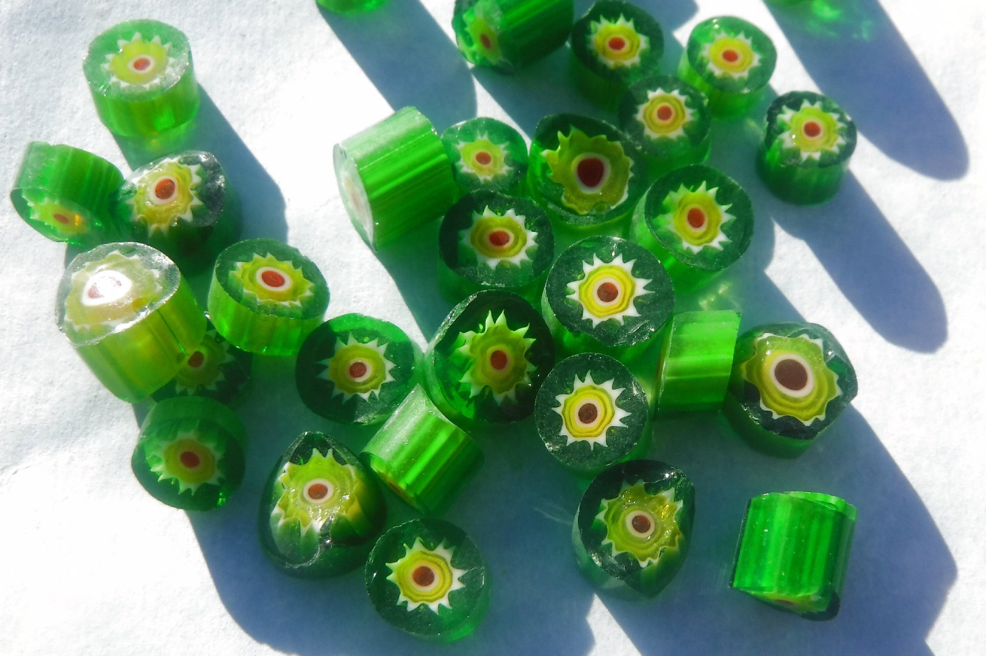 Green and Yellow with Red Millefiori - 25 grams - Unique Mosaic Glass Tiles