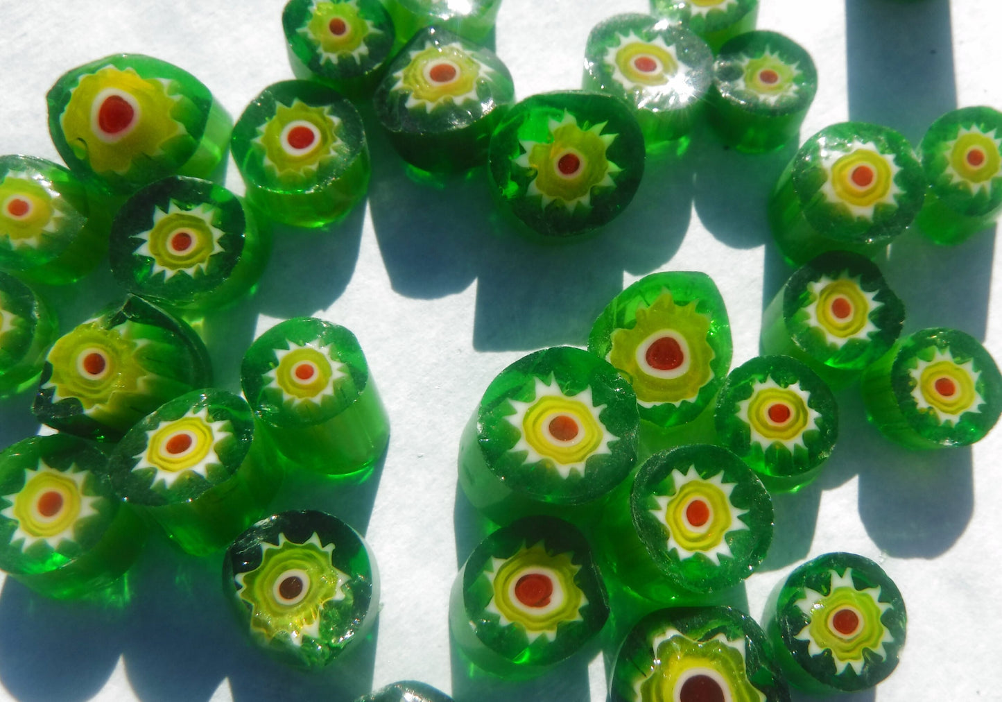 Green and Yellow with Red Millefiori - 25 grams - Unique Mosaic Glass Tiles