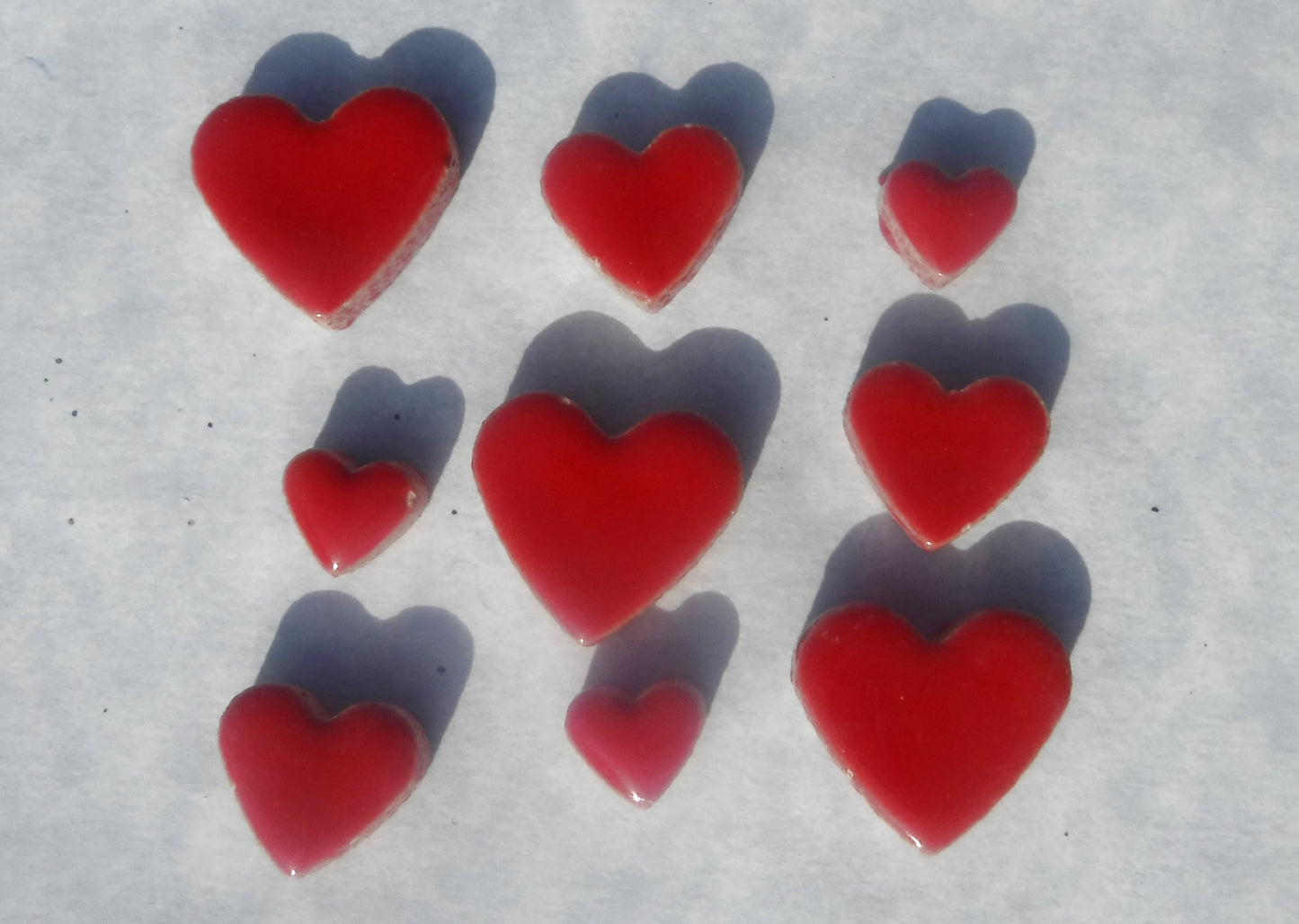 Red Hearts Mosaic Tiles - 50g Ceramic in Mix of 3 Sizes - 20mm, 15mm, 10mm - Poppy Red