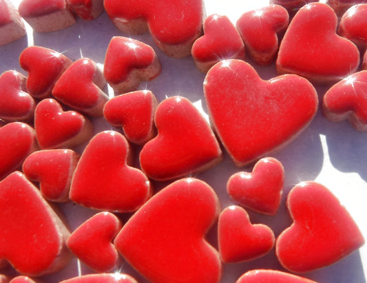 Red Hearts Mosaic Tiles - 50g Ceramic in Mix of 3 Sizes - 20mm, 15mm, 10mm - Poppy Red