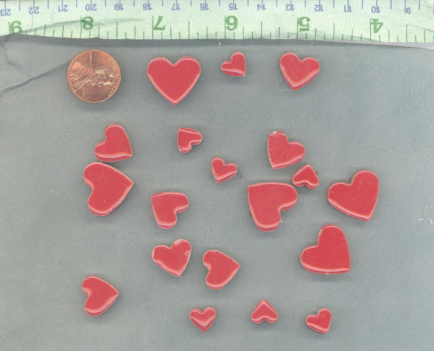 Red Hearts Mosaic Tiles - 50g Ceramic in Mix of 3 Sizes - 20mm, 15mm, 10mm - Poppy Red