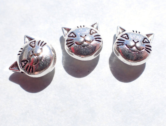 Cat Beads - Silver-Toned 15mm - Tibetan Style Feline Faces