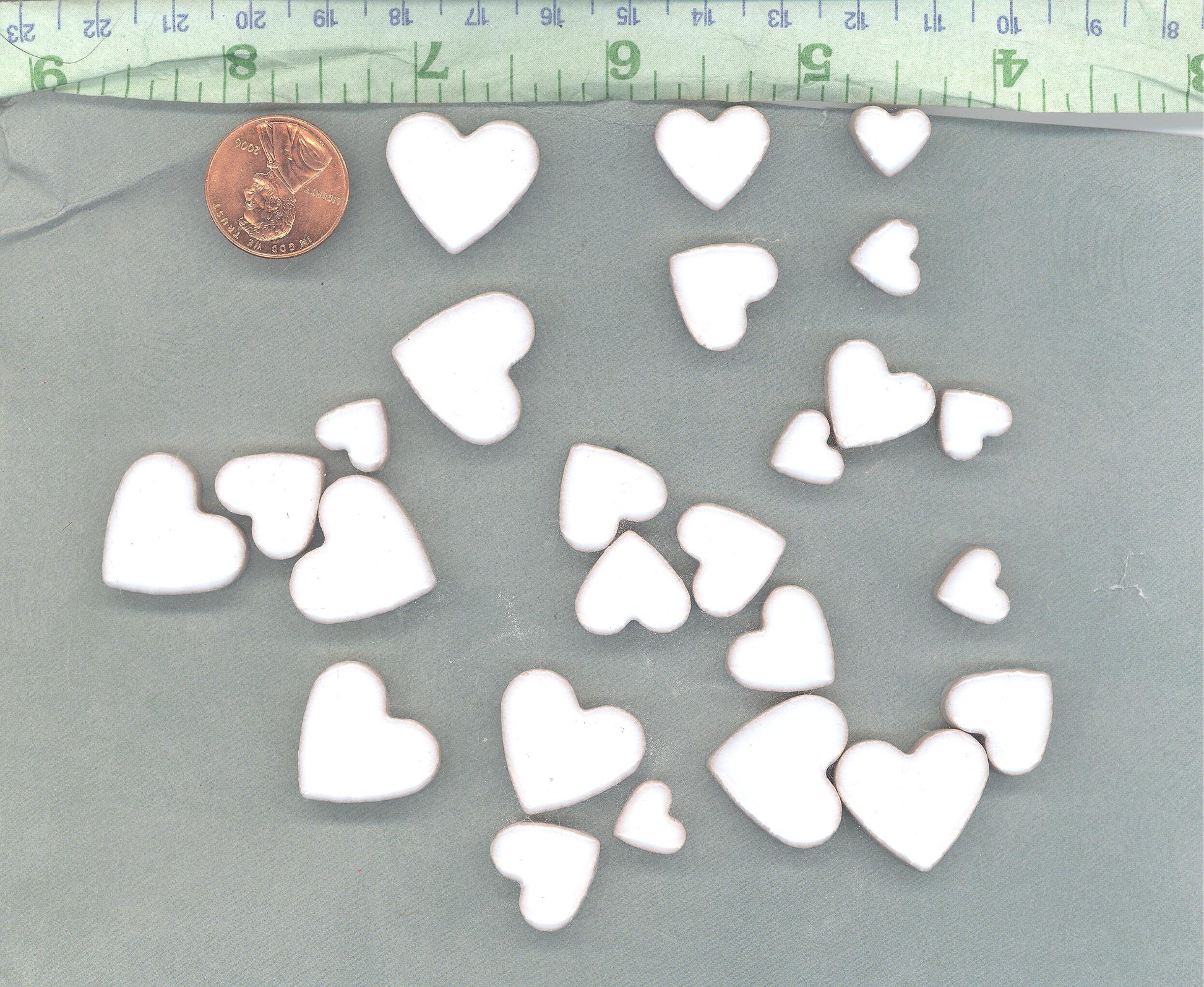 White Hearts Mosaic Tiles - 50g Ceramic in Mix of 3 Sizes - 20mm, 15mm, 10mm