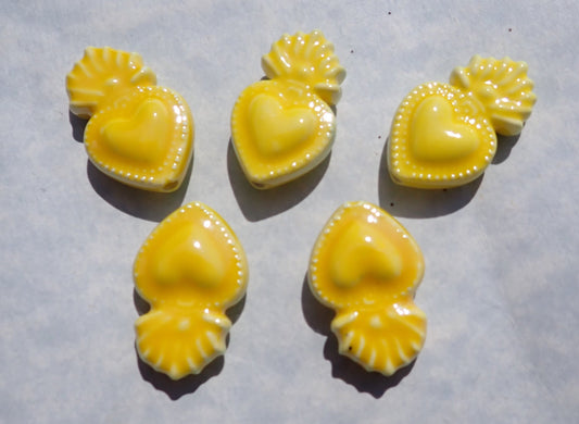 Yellow Milagro Heart Beads - Ceramic Mosaic Tiles - Small Sacred Heart Beads - Jewelry Supplies