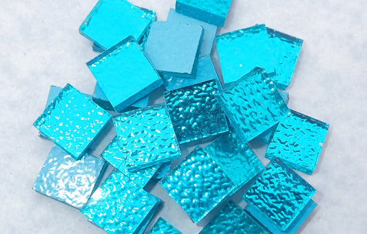 Blue Textured Mirror Square Tiles - 50g - Approx 25 Glass Mosaic Tiles - 15mm