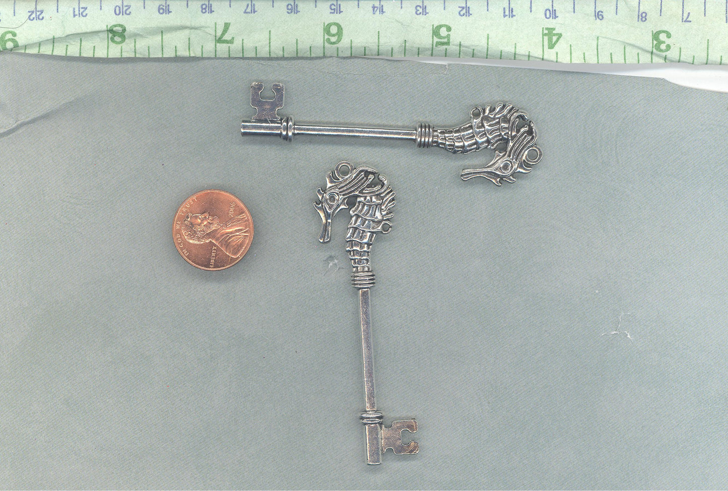 Seahorse Keys - Set of 2 New Silver Toned Skeleton Keys Charms for Mosaics Mixed Media Art Jewelry