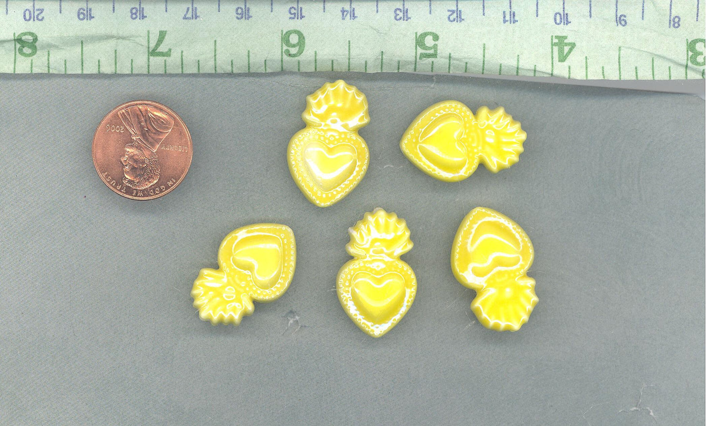 Yellow Milagro Heart Beads - Ceramic Mosaic Tiles - Small Sacred Heart Beads - Jewelry Supplies