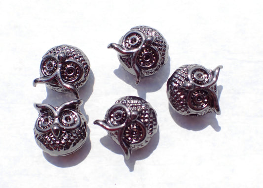 Gunmetal Owl Beads - Dark Silver-Toned 11mm Round Puffy - 10 Beads