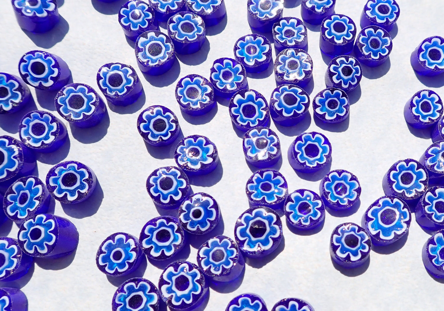 Light Blue Flowers in Deep Blue Millefiori - 25 grams - Unique Mosaic Glass Tiles - Floral Pattern