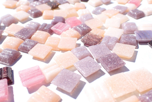 Pink Purple Ivory Mix Glass Mosaic Tiles Squares - 1 cm - 100g of Venetian and Vitreous Glass in Blissful Assortment - Approx 140 Tiles