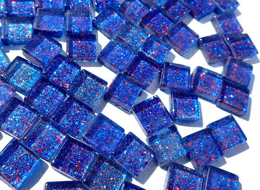 Blue with Red Glitter Squares - 100g Metallic Mosaic Tiles - 1cm - Blueberry