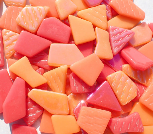 Fruity Orange and Red Irregular Glass Tiles - 50g of Polygons in Mix of Sizes - Sunburst
