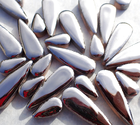 Silver Metallic Teardrop Mosaic Tiles - 50g Ceramic Petals in Mix of 2 Sizes 1/2" and 3/5"