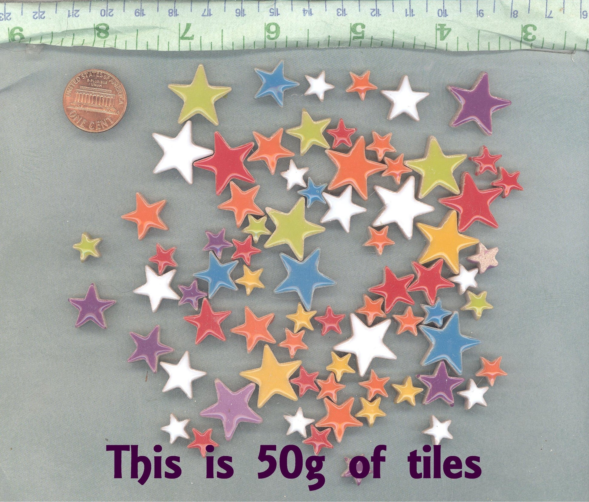 Colorful Stars Mosaic Tiles - 50g Ceramic in Mix of 3 Sizes - 20mm, 15mm, 10mm - Assorted Colors