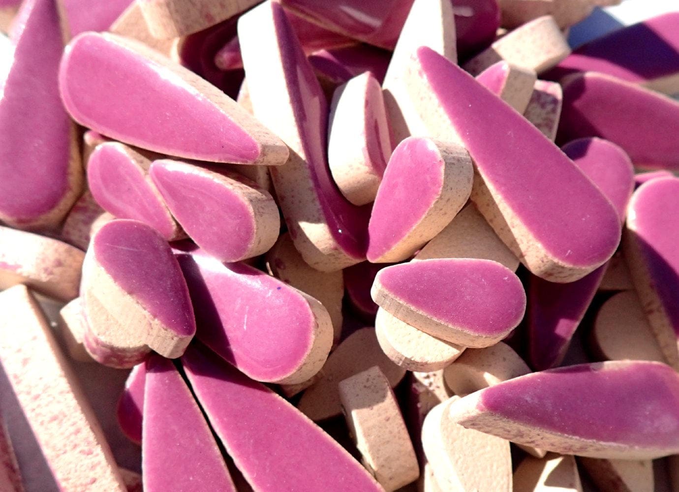 Purple Teardrop Mosaic Tiles - 50g Ceramic Petals in Mix of 2 Sizes 1/2" and 3/5"
