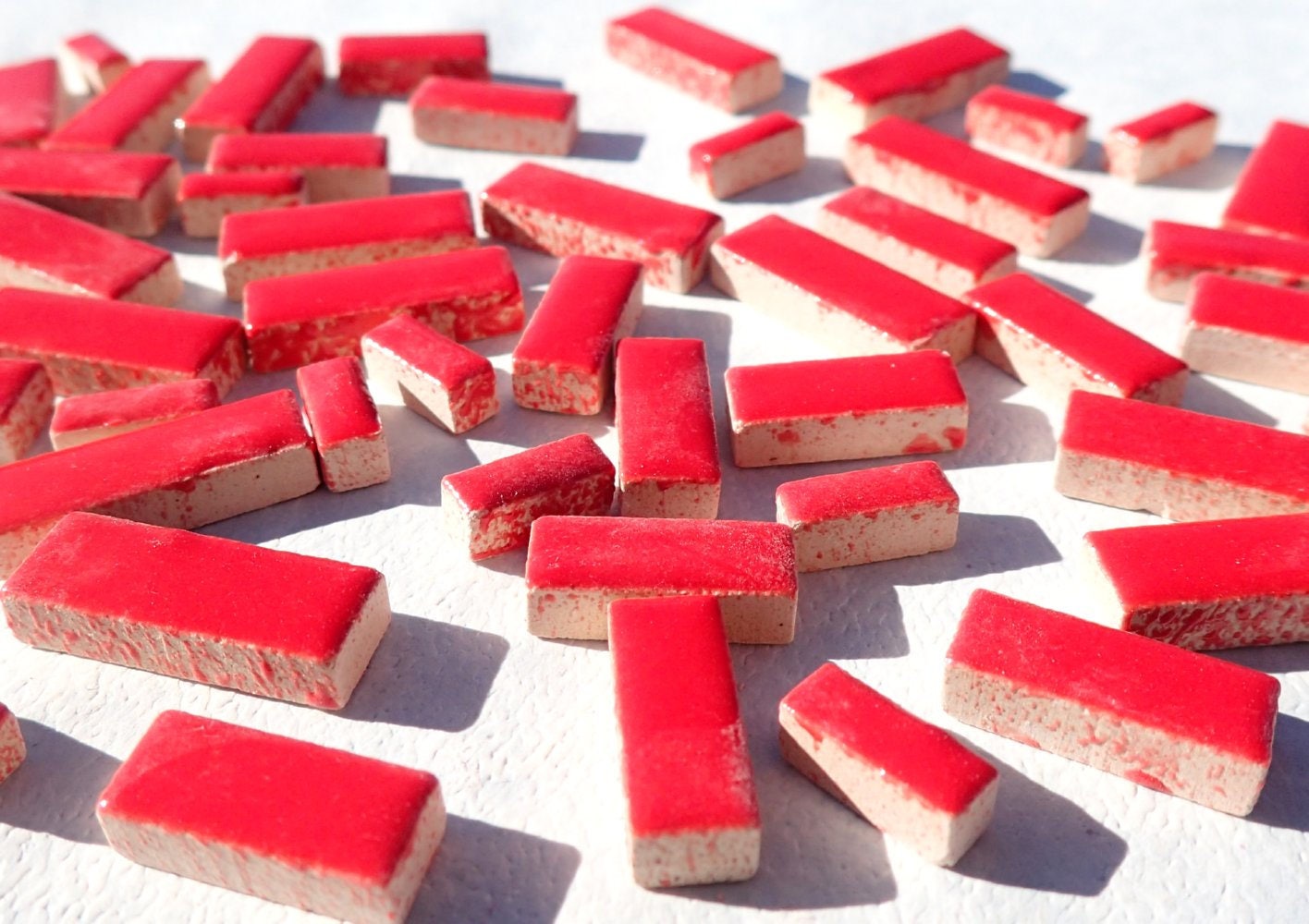 Bright Red Mini Rectangles Mosaic Tiles - 50g Ceramic in Mix of 3 Sizes 3/8" and 5/8" and 3/4"