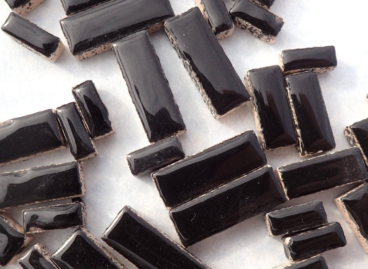 Black Mini Rectangles Mosaic Tiles - 50g Ceramic in Mix of 3 Sizes 3/8" and 5/8" and 3/4"