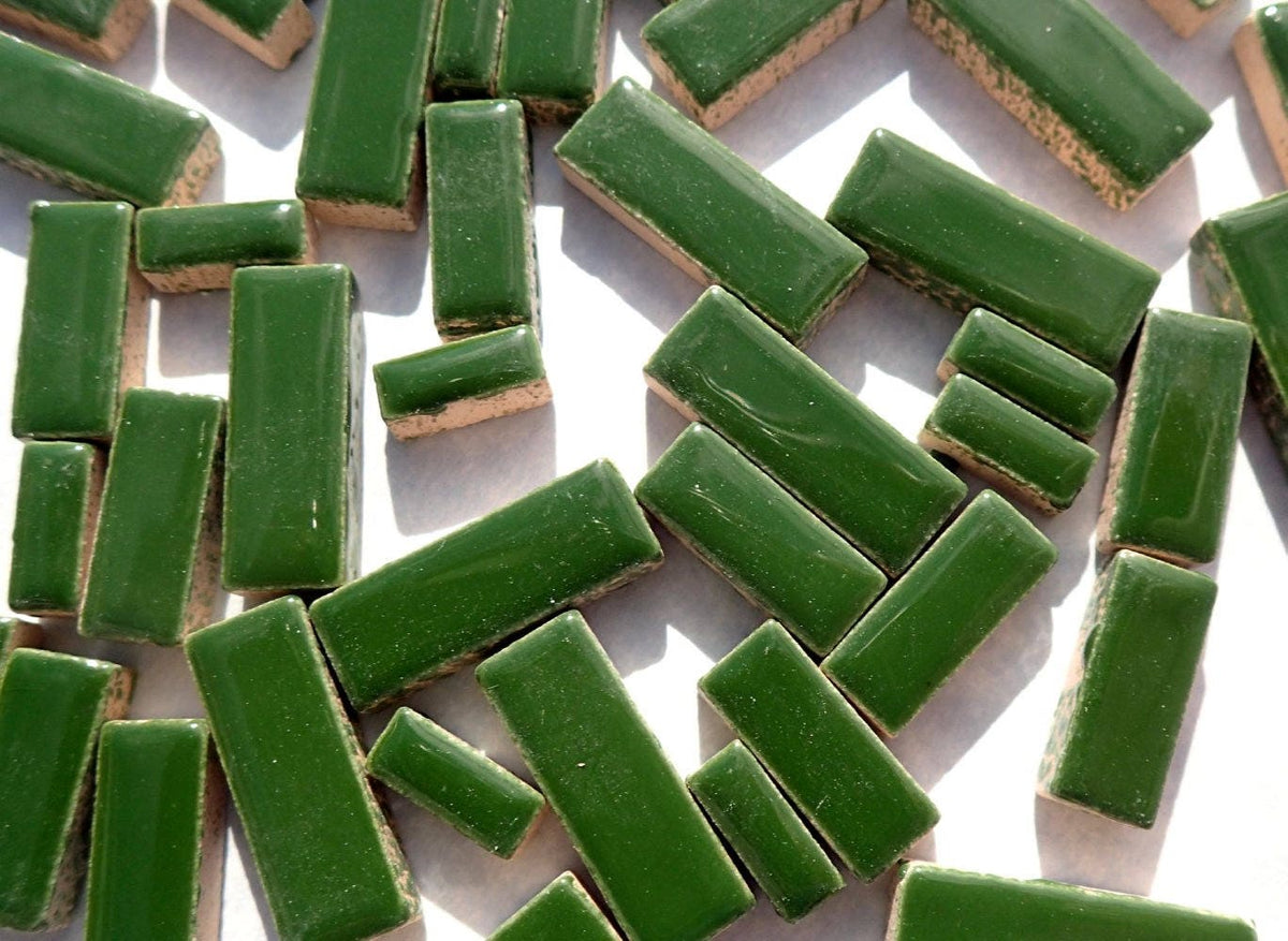Deep Green Mini Rectangles Mosaic Tiles - 50g Ceramic in Mix of 3 Sizes 1/2" and 3/4" in Pesto