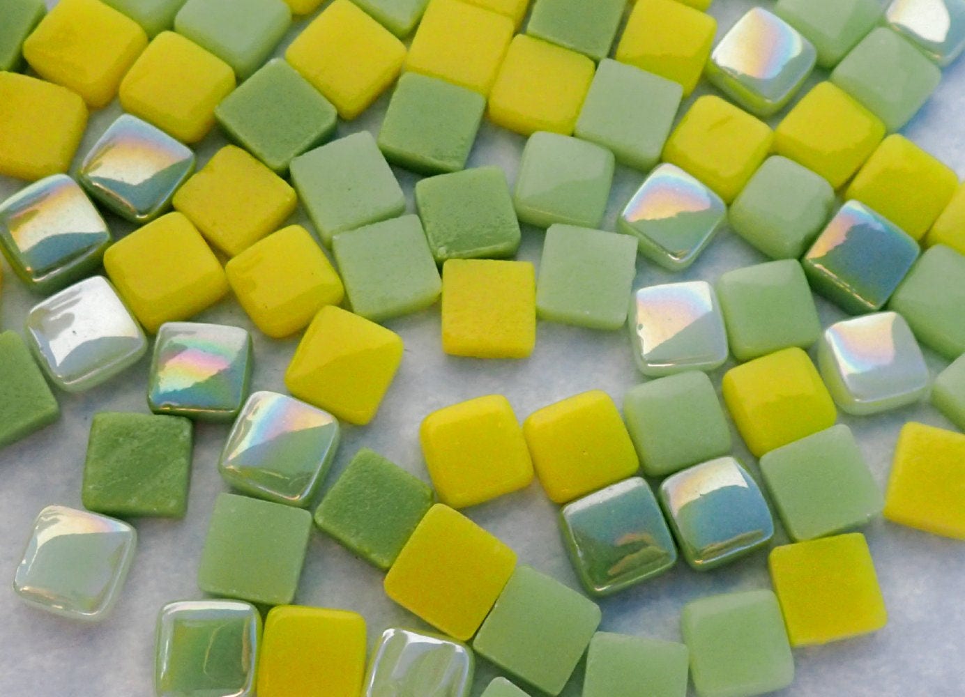 Lemon Lime Mix Mini Glass Tiles - 8mm Square - 50 grams Opaque Glass Solid Color Mix of Green and Yellow Iridescent and Matte Tiles