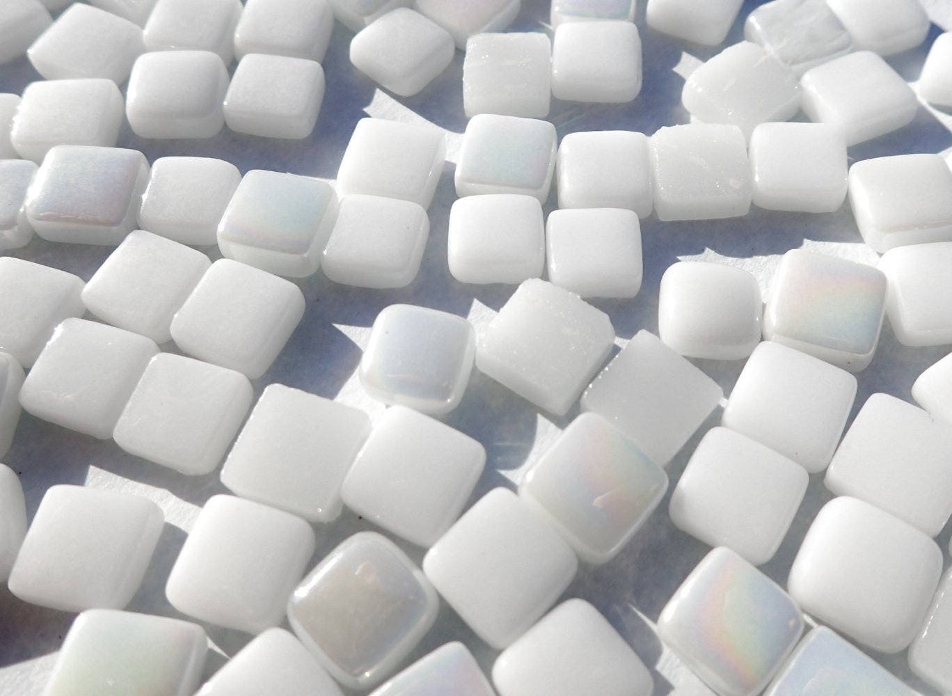 White Mini Glass Tiles - 8mm Square - 50 grams Opaque Glass Solid Color Mix of Glossy Iridescent and Matte Tiles