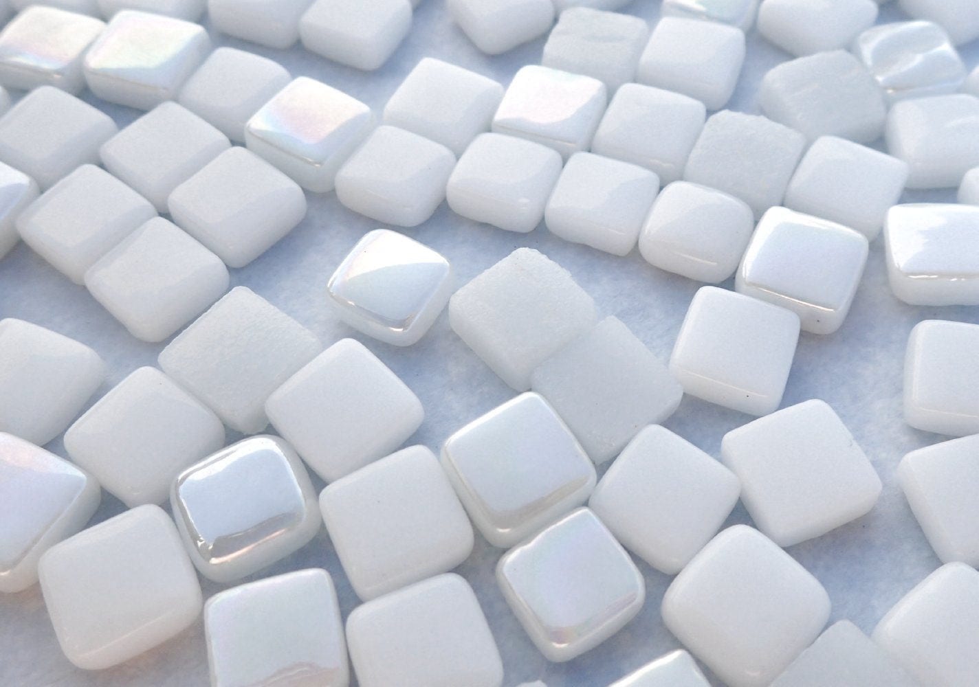 White Mini Glass Tiles - 8mm Square - 50 grams Opaque Glass Solid Color Mix of Glossy Iridescent and Matte Tiles