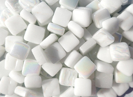 White Mini Glass Tiles - 8mm Square - 50 grams Opaque Glass Solid Color Mix of Glossy Iridescent and Matte Tiles